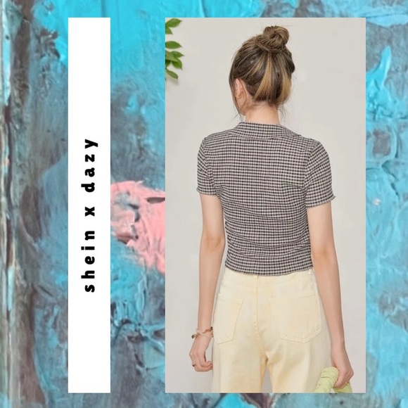 tan & black plaid gingham polo collar front button cropped top - Picture 4 of 11